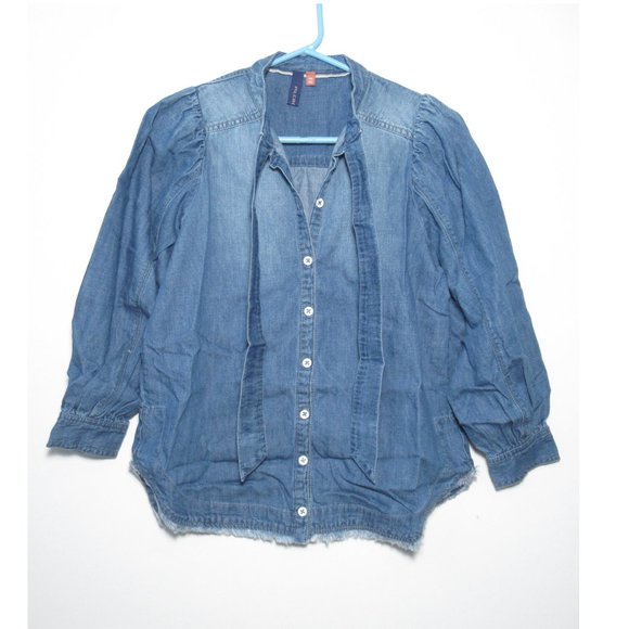 Anthropologie Pilcro Blue Denim Tie-Neck Blouse - XXS 2XS 00 - Picture 5 of 10